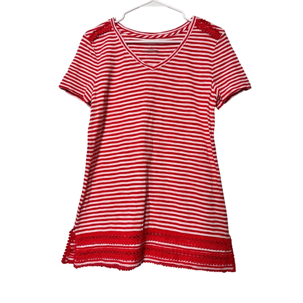Talbots Red White Striped V Neck Tunic Top Short Sleeve Crochet Trim Size S